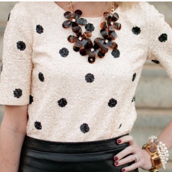 J. Crew sequined top, Cream with black dots, short sleeve, crew neck, size Large - Picture 1 of 4